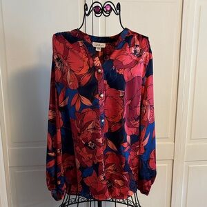 Jaclyn Smith Red and Blue Floral Blouse